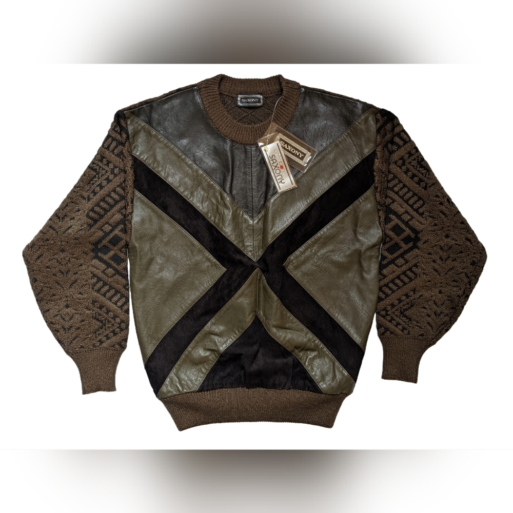 NWT Vintage Saxony Collection Leather Patchwork Knit Sweater Green Brown Med